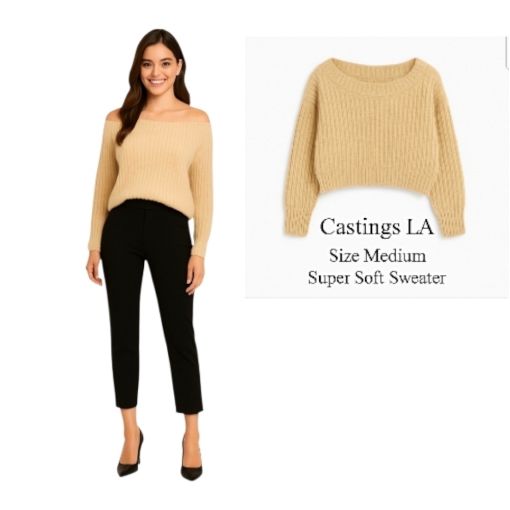 Castings LA Size M Camel Ribbed Knit Cropped Off-Shoulder Sweater Soft